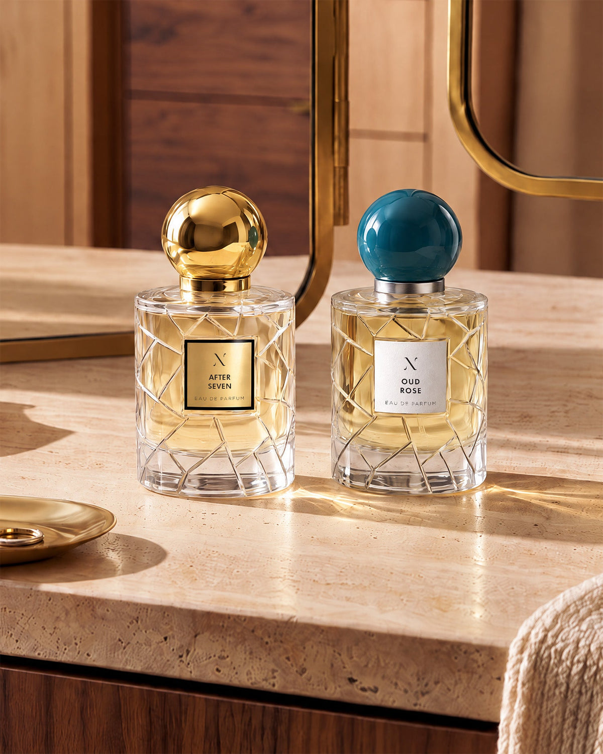 Curated Les Soeurs de Noe perfume wardrobe in a contemporary luxury dressing room