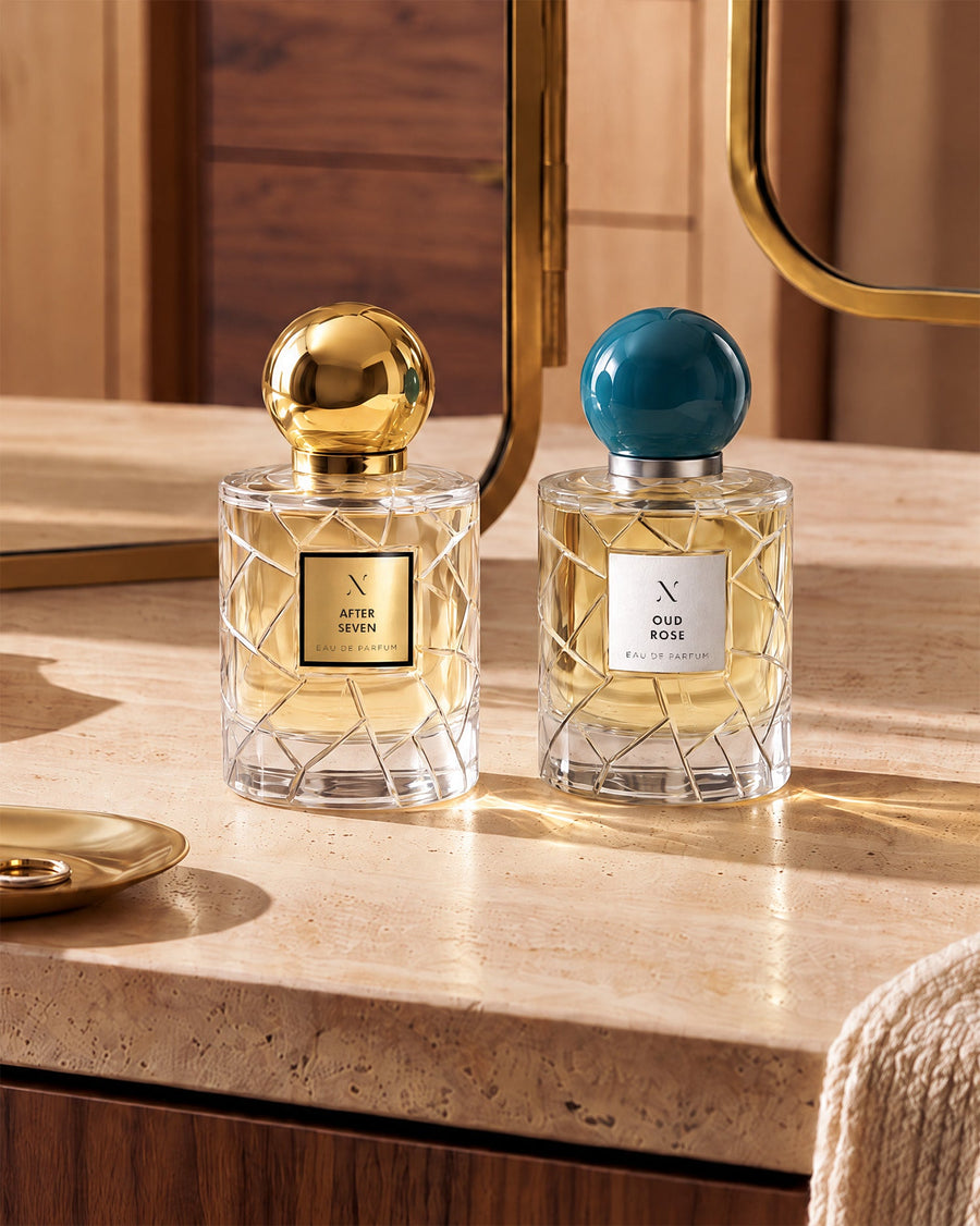 Curated Les Soeurs de Noe perfume wardrobe in a contemporary luxury dressing room