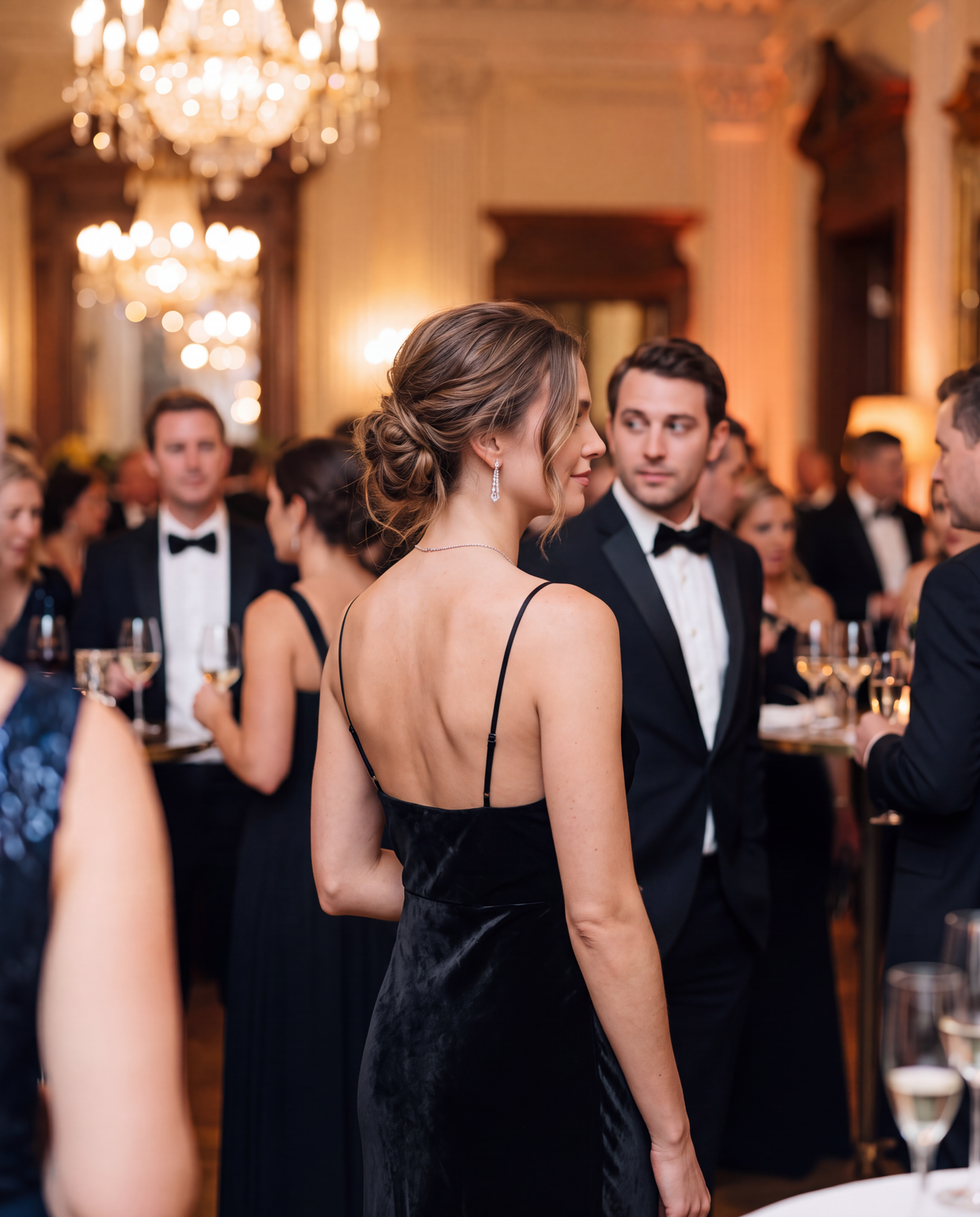 Woman wearing a memorable perfume in an elegant social setting